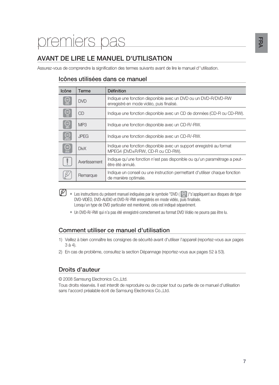 Samsung HT-X710T/XEF Premiers pas, Avant de lire le manuel dutilisation, Icônes utilisées dans ce manuel, Droits d’auteur 