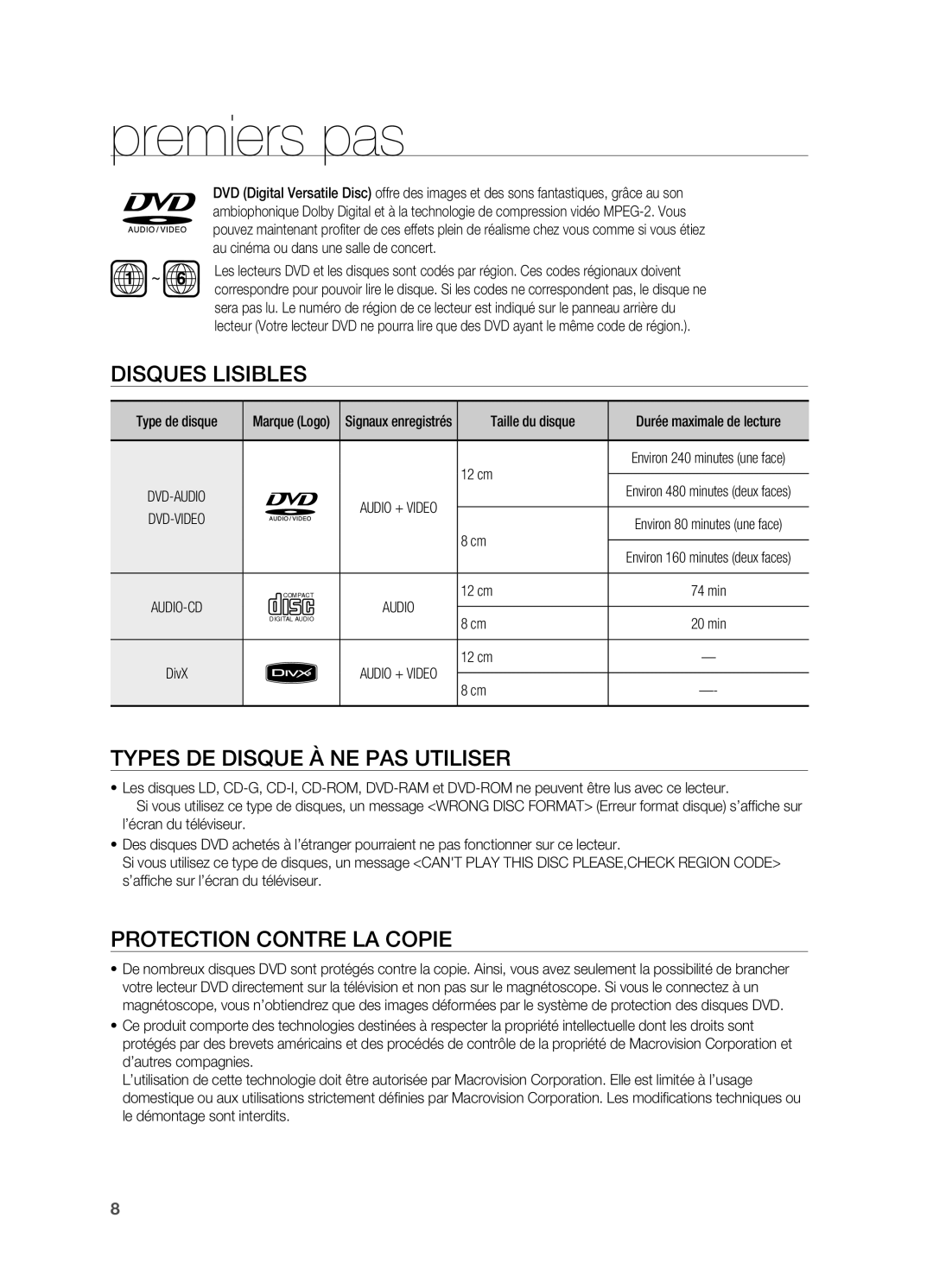 Samsung HT-X710T/XEF manual Disques lisibles, Protection contre la copie, Taille du disque, 12 cm 