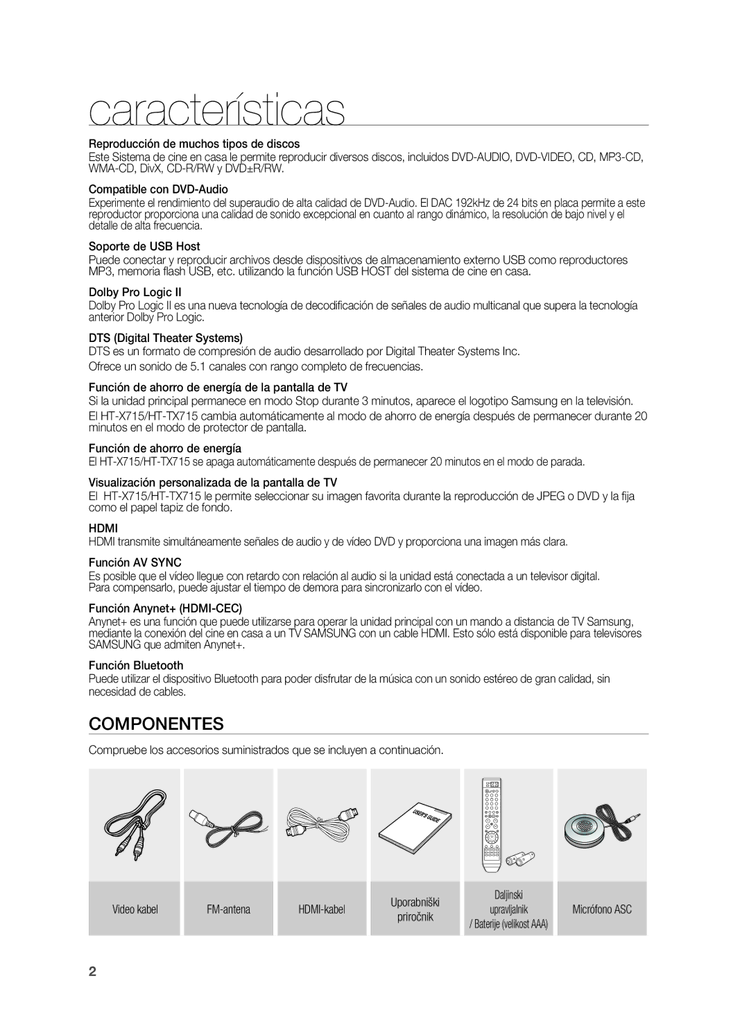 Samsung HT-X715T/EDC, HT-X715T/XET manual Características, Componentes, Hdmi, Micrófono ASC 