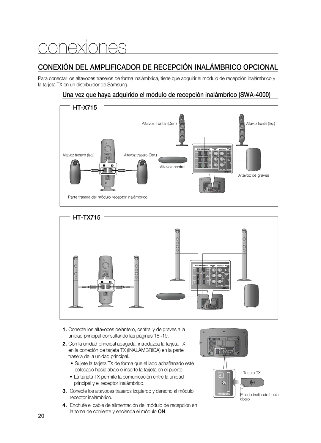 Samsung HT-X715T/EDC, HT-X715T/XET manual Conexión DEL Amplificador DE Recepción Inalámbrico Opcional 