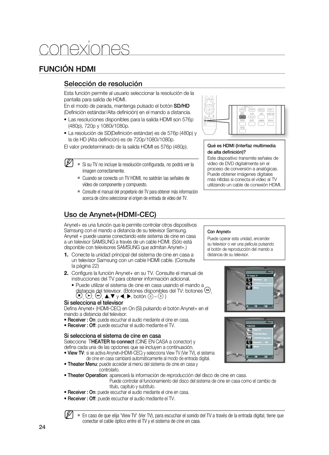 Samsung HT-X715T/EDC manual FUnCión HDMi, Selección de resolución, Uso de Anynet+HDMI-CEC, Si selecciona el televisor 