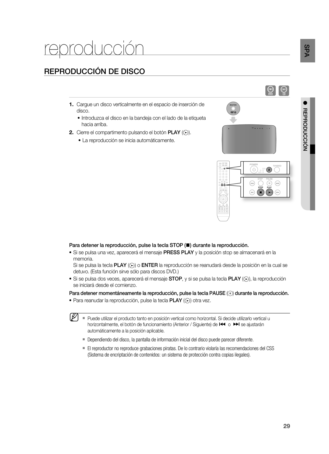 Samsung HT-X715T/XET, HT-X715T/EDC Reproducción DE Disco, Para reanudar la reproducción, pulse la tecla Play otra vez 