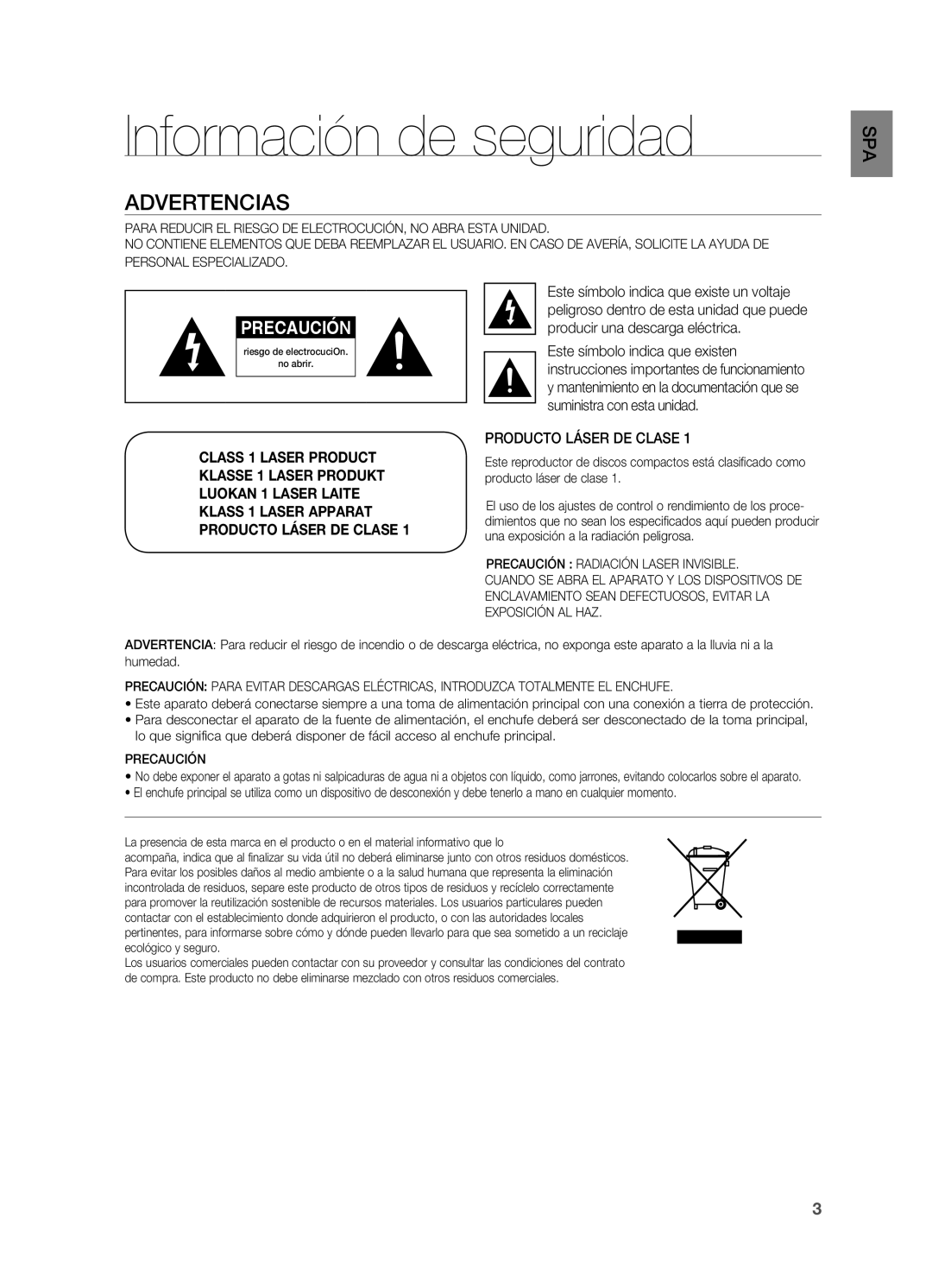 Samsung HT-X715T/XET, HT-X715T/EDC manual Información de seguridad, Advertencias, Producto Láser DE Clase 