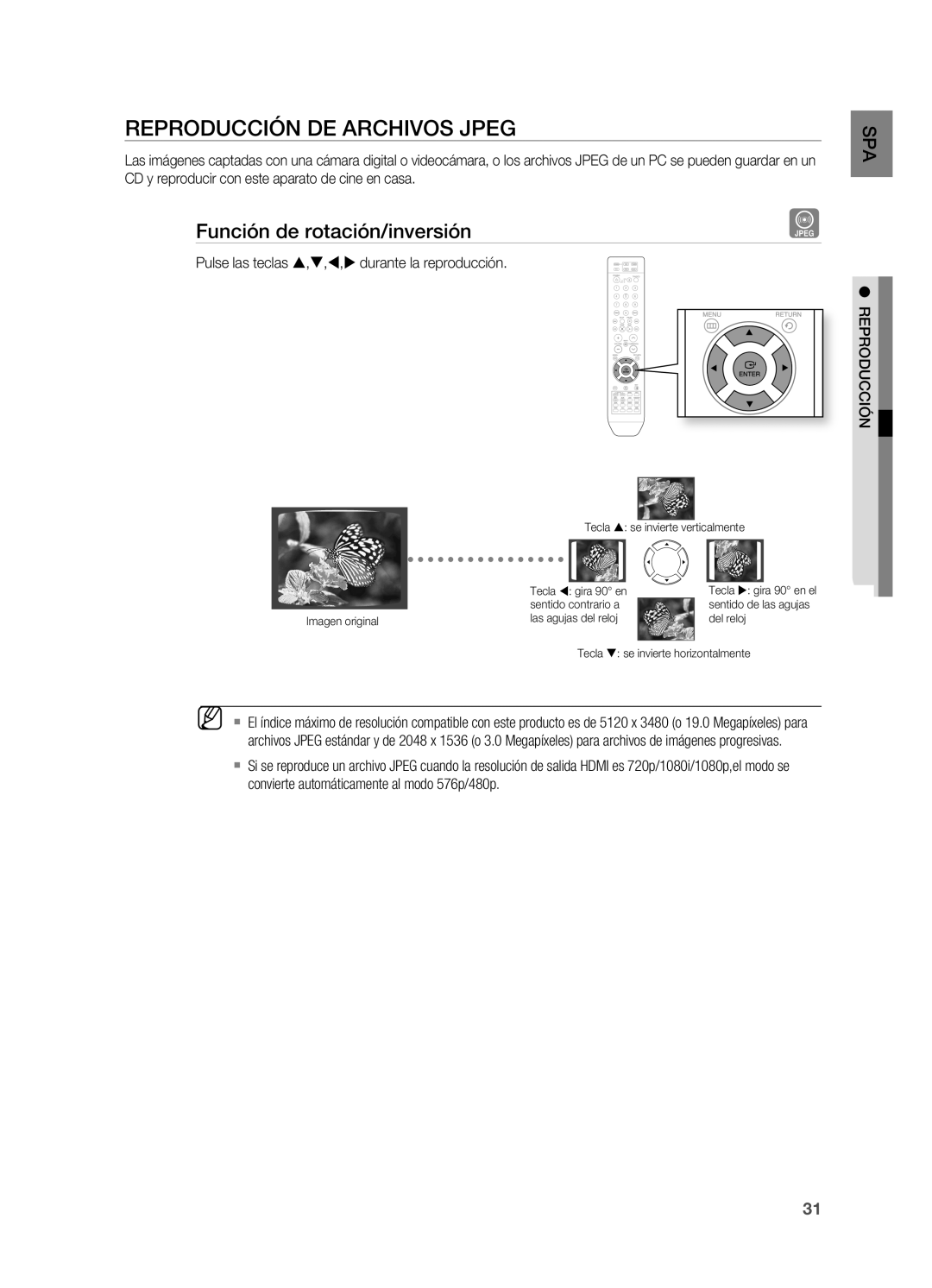 Samsung HT-X715T/XET, HT-X715T/EDC manual Reproducción DE Archivos JPEg, Función de rotación/inversión 