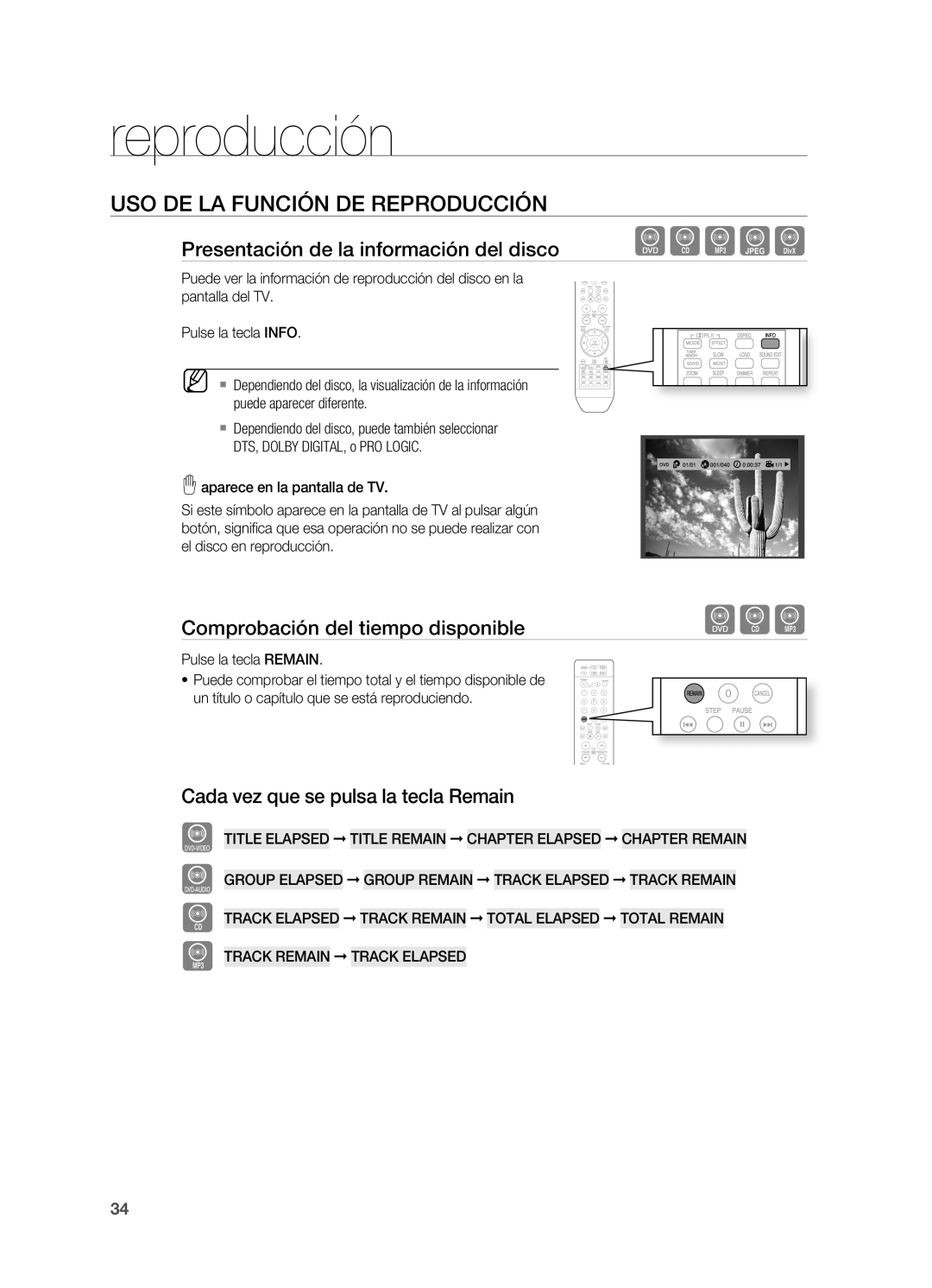 Samsung HT-X715T/EDC, HT-X715T/XET manual USO DE LA Función DE Reproducción, Presentación de la información del disco 