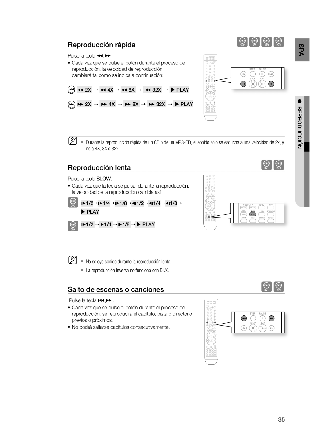 Samsung HT-X715T/XET, HT-X715T/EDC manual Reproducción lenta, Salto de escenas o canciones 