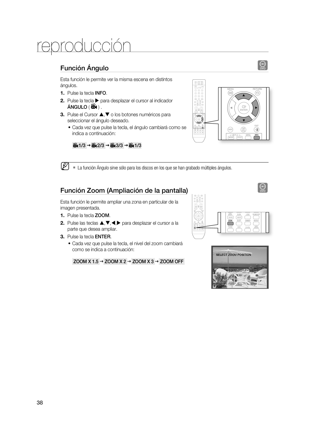 Samsung HT-X715T/EDC Función Ángulo, Función zoom Ampliación de la pantalla, ZOOM X 1.5  zOOM X 2  zOOM X 3  zOOM OFF 