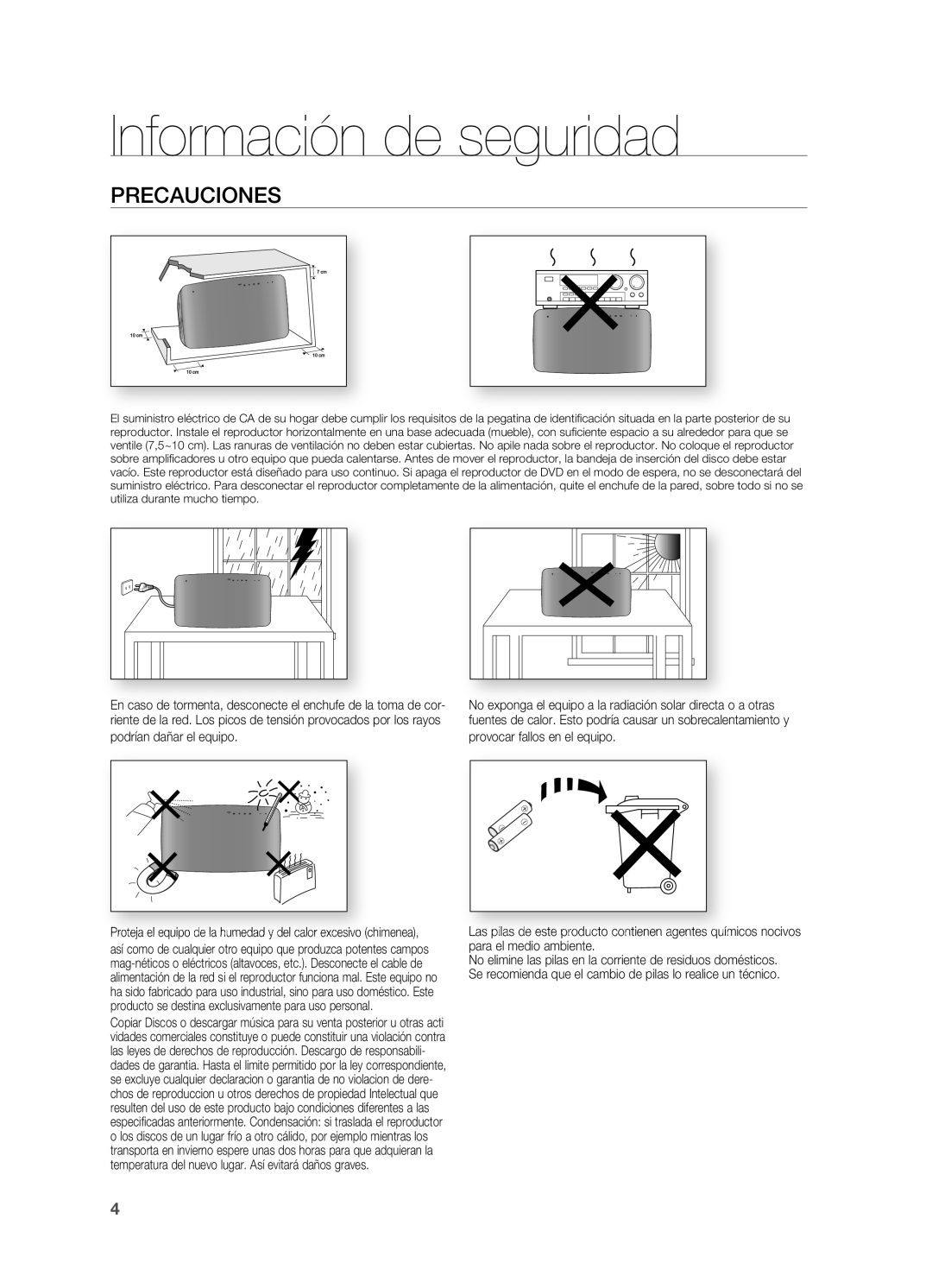 Samsung HT-X715T/EDC, HT-X715T/XET manual Precauciones, Podrían dañar el equipo 