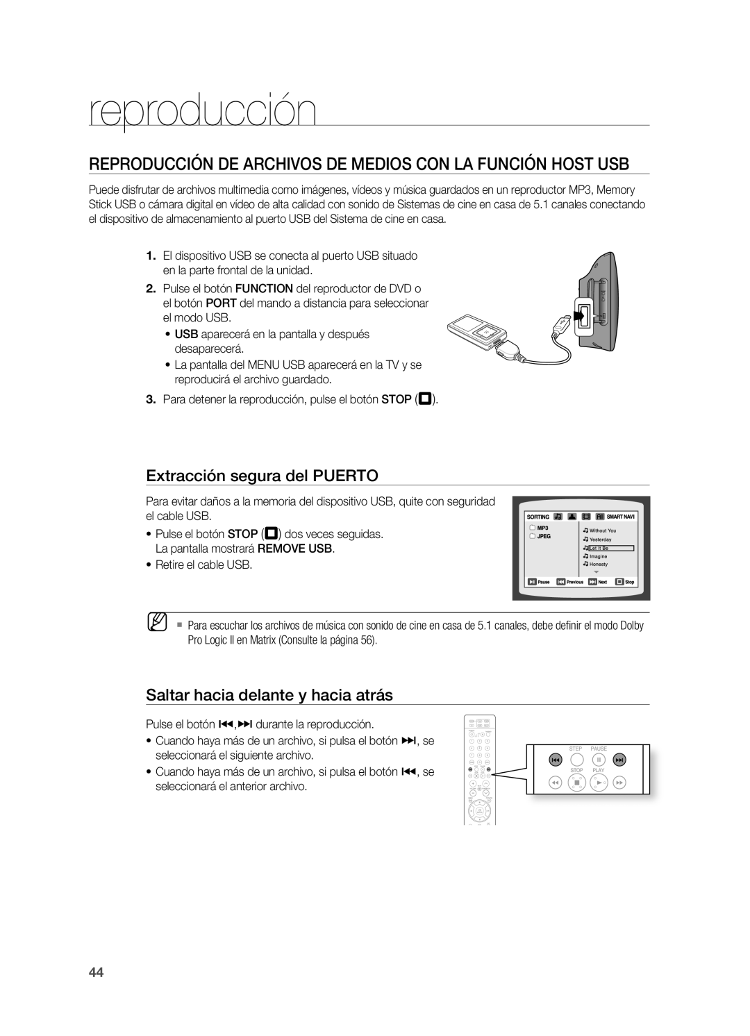 Samsung HT-X715T/EDC manual Reproducción DE Archivos DE Medios CON LA Función Host USB, Extracción segura del Puerto 