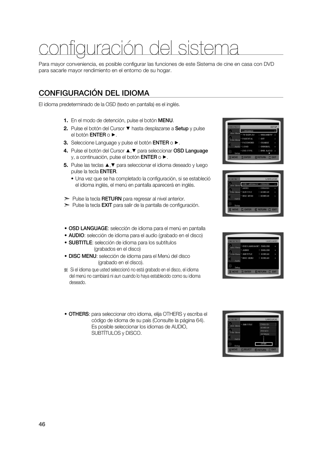 Samsung HT-X715T/EDC, HT-X715T/XET manual Configuración del sistema, Configuración del idioma 