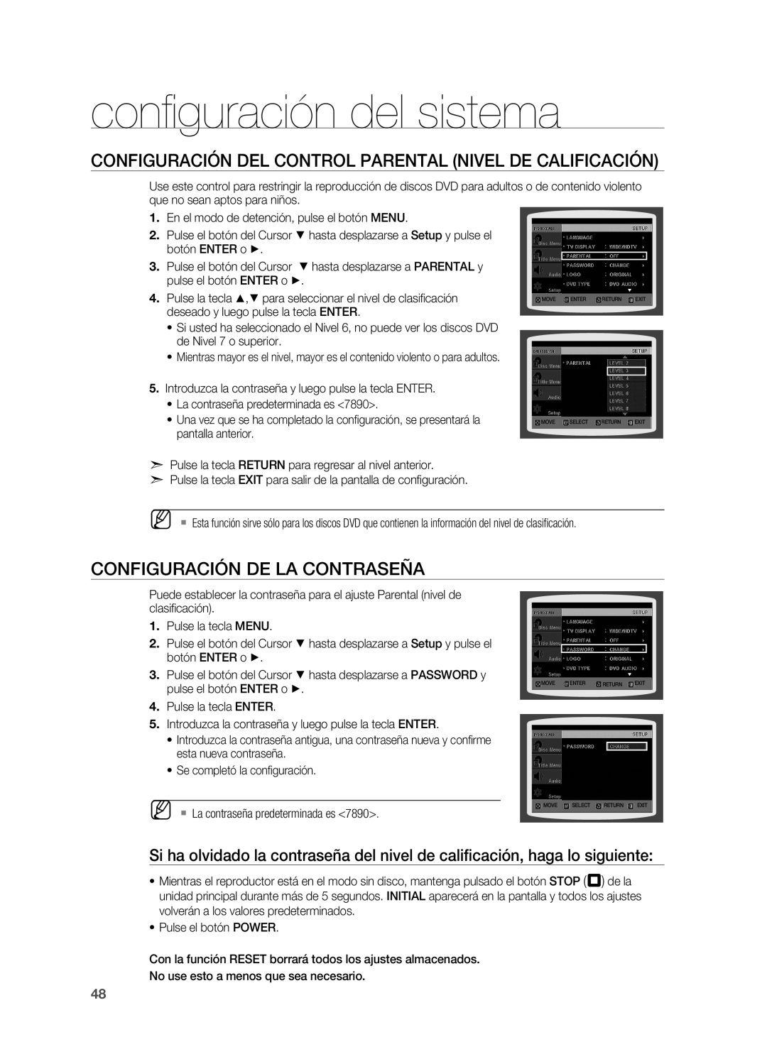 Samsung HT-X715T/EDC manual Configuración del control parental Nivel DE Calificación, Configuración de la contraseña 