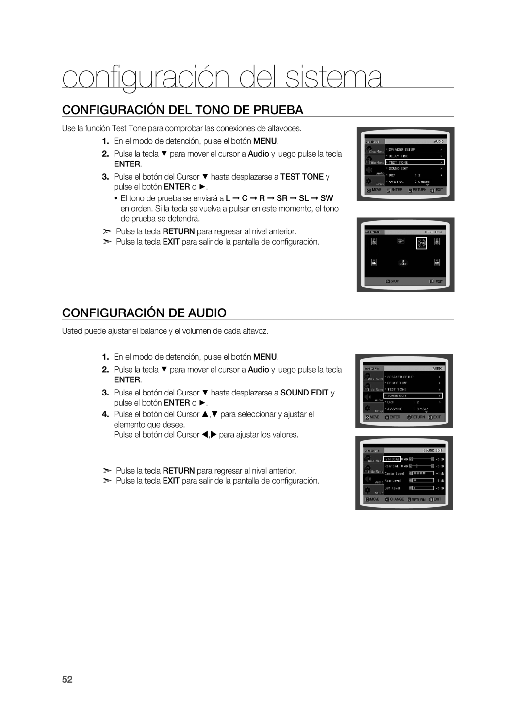 Samsung HT-X715T/EDC, HT-X715T/XET manual Configuración del tono de prueba, Configuración de Audio 