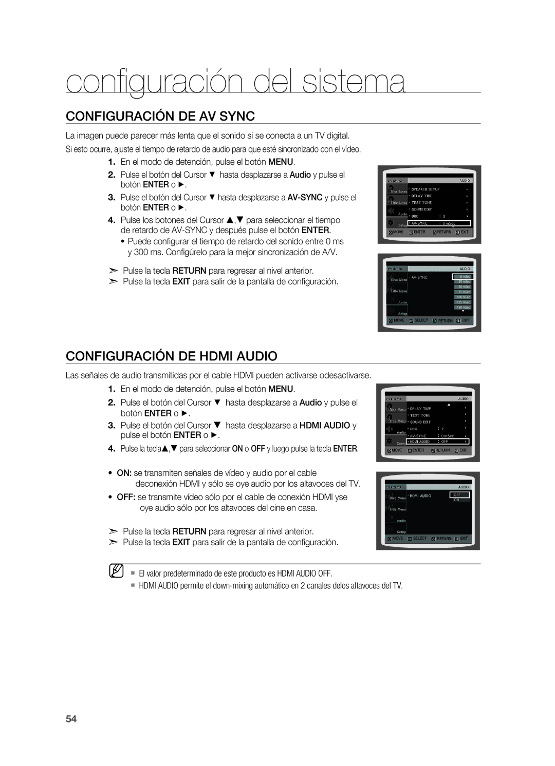 Samsung HT-X715T/EDC, HT-X715T/XET manual Configuración de AV Sync, Configuración de Hdmi Audio 