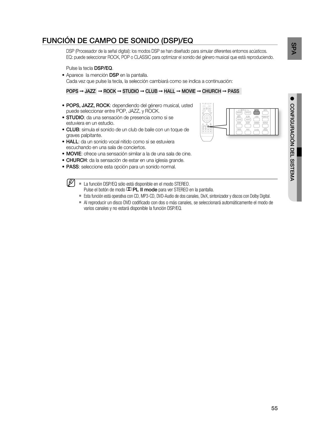 Samsung HT-X715T/XET, HT-X715T/EDC manual Función DE Campo DE Sonido DSP/Eq, CONFIgURACIÓN DEL Sistema 