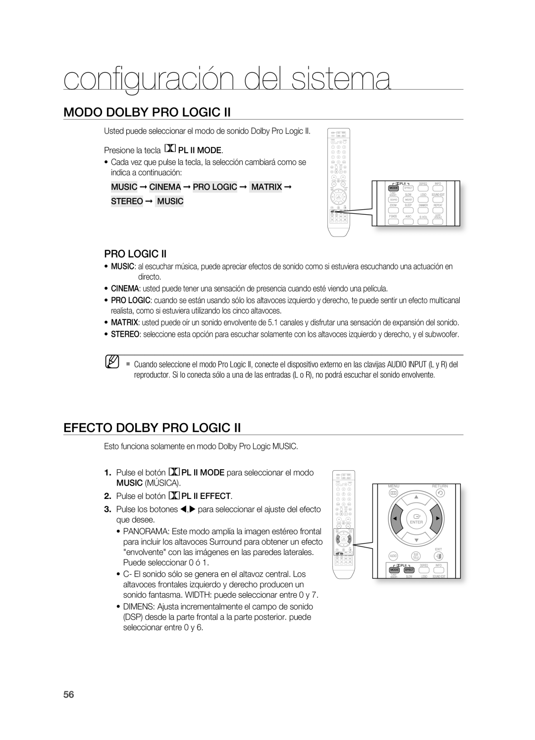 Samsung HT-X715T/EDC Confi guración del sistema, Modo Dolby PRO LOgIC, Efecto Dolby PRO LOgIC, Stereo Music, Music Música 