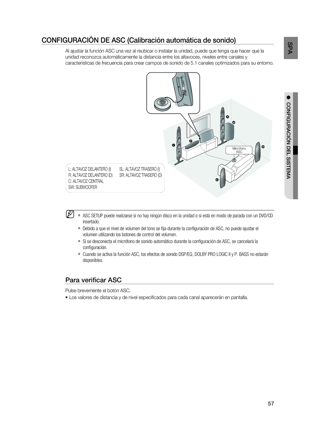 Samsung HT-X715T/XET manual CONFIgURACIÓN DE ASC Calibración automática de sonido, Para verifi car ASC, SW Subwoofer 