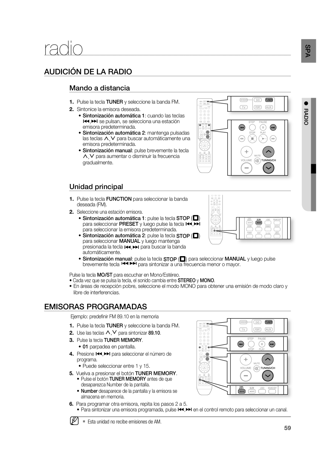 Samsung HT-X715T/XET, HT-X715T/EDC Audición DE LA Radio, Emisoras PROgRAMADAS, Mando a distancia, Unidad principal 