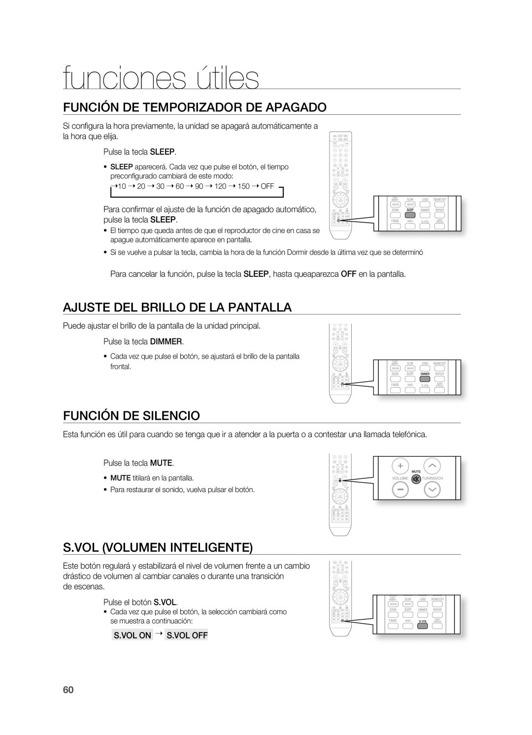 Samsung HT-X715T/EDC, HT-X715T/XET Funciones útiles, Función DE TEMPORIzADOR DE APAgADO, Ajuste DEL Brillo DE LA Pantalla 