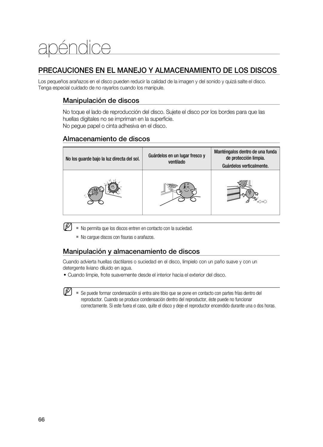 Samsung HT-X715T/EDC manual Apéndice, Precauciones en el manejo y almacenamiento de los discos, Manipulación de discos 