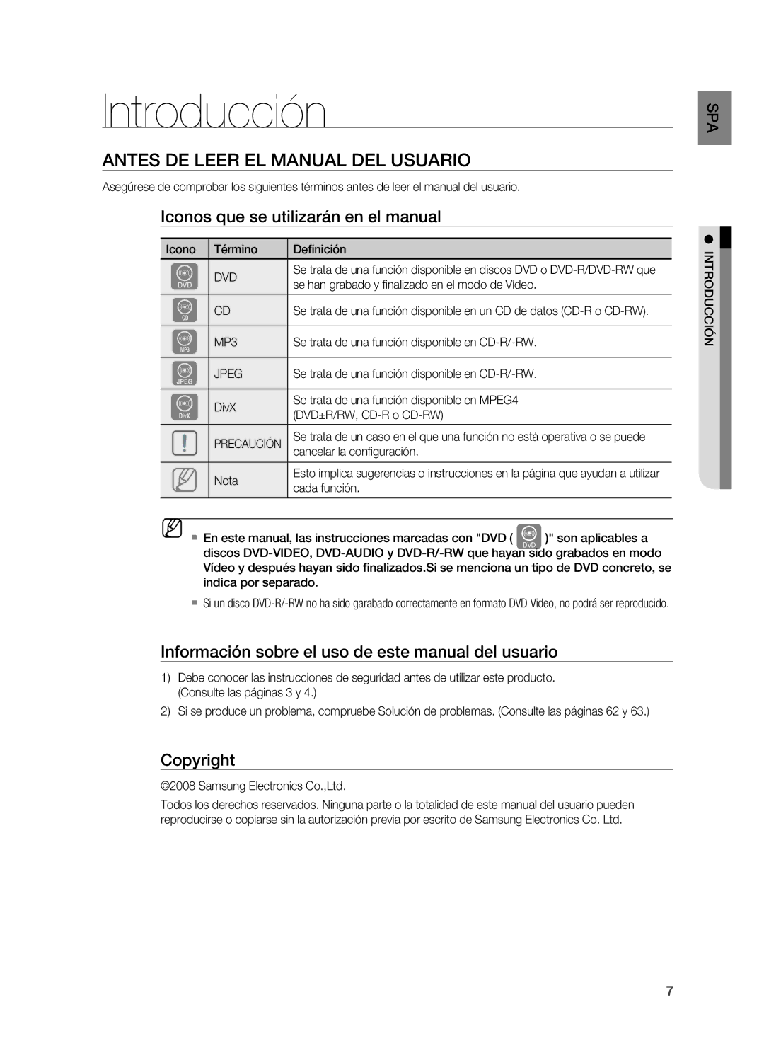 Samsung HT-X715T/XET Introducción, Antes de leer el Manual del usuario, Iconos que se utilizarán en el manual, Copyright 