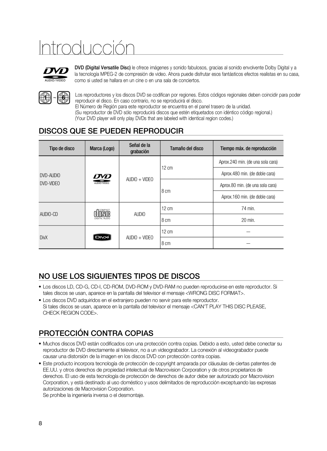 Samsung HT-X715T/EDC Discos que se pueden reproducir, No use los siguientes tipos de discos, Protección contra copias 