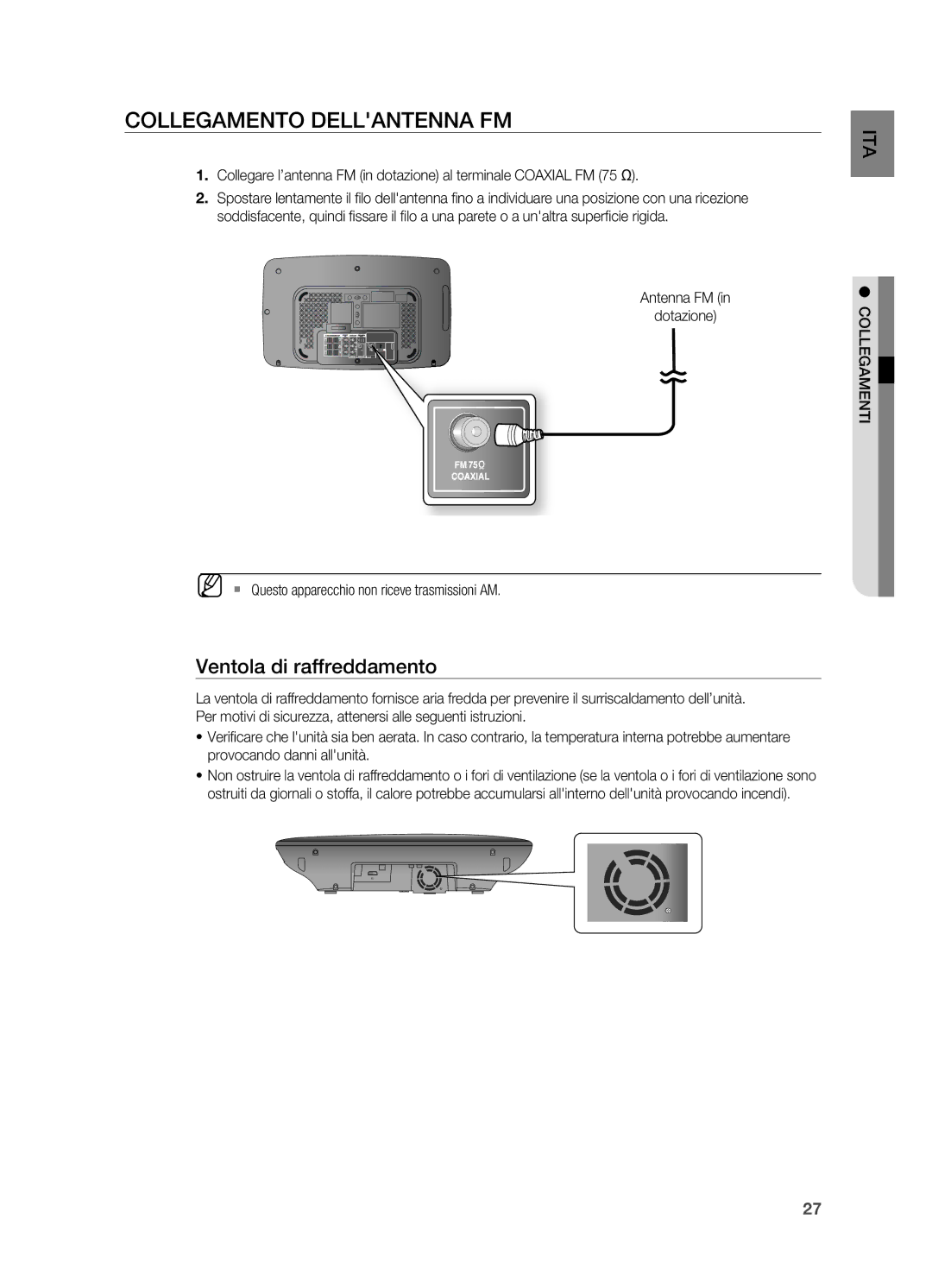 Samsung HT-X715T/EDC manual Collegamento Dellantenna FM, Ventola di raffreddamento 