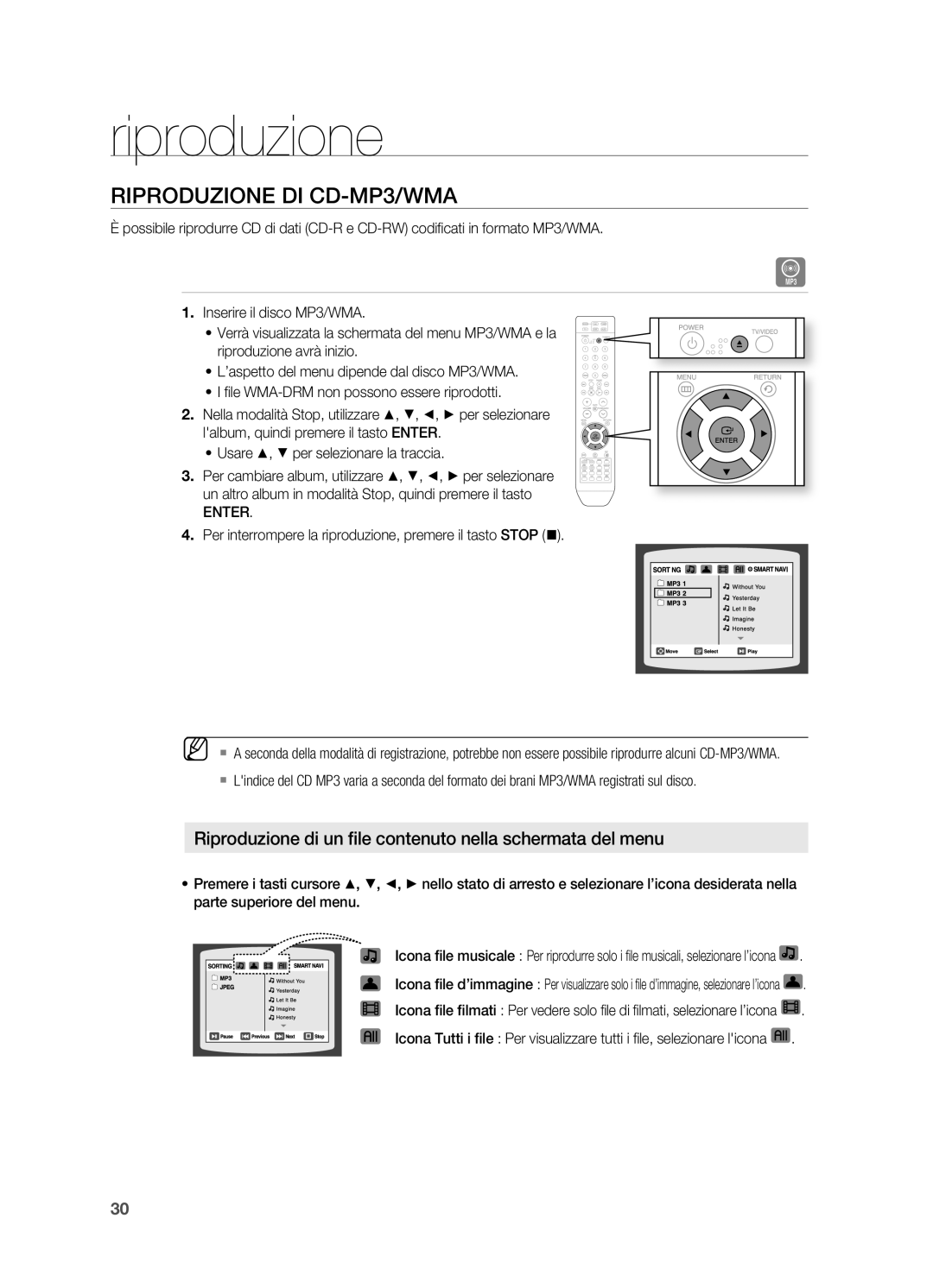 Samsung HT-X715T/EDC manual RIPRODUzIONE DI CD-MP3/WMA, Enter, Per interrompere la riproduzione, premere il tasto Stop @ 