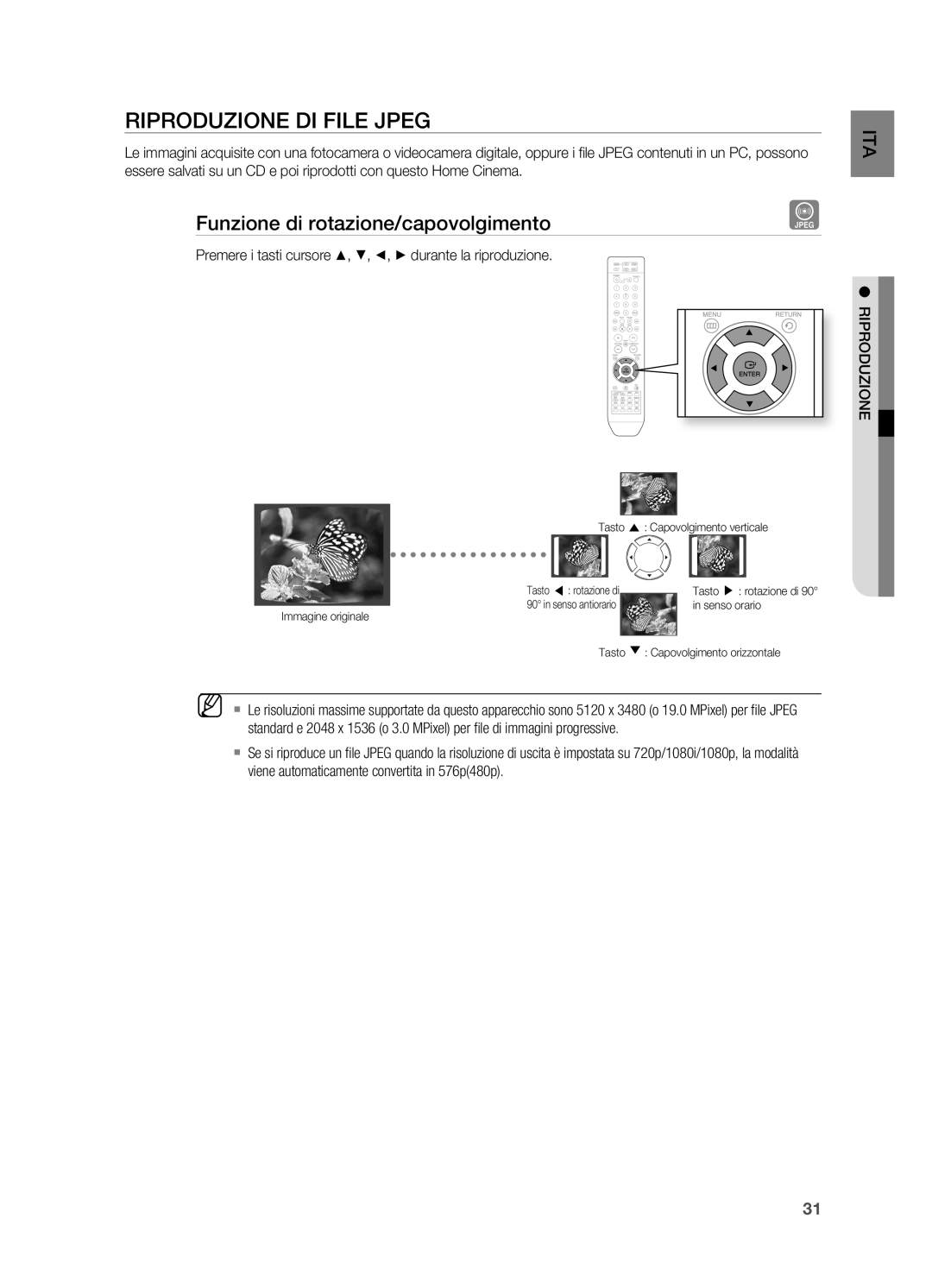 Samsung HT-X715T/EDC manual RIPRODUzIONE DI File Jpeg, Funzione di rotazione/capovolgimento 