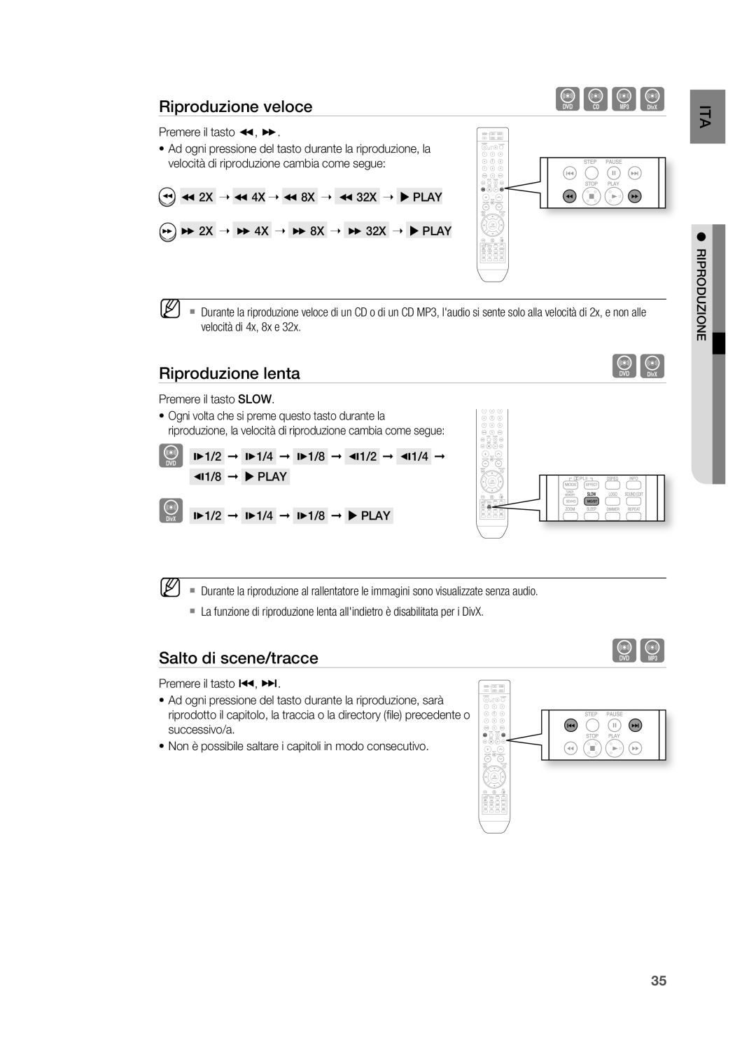 Samsung HT-X715T/EDC manual Riproduzione lenta, Salto di scene/tracce, Premere il tasto 