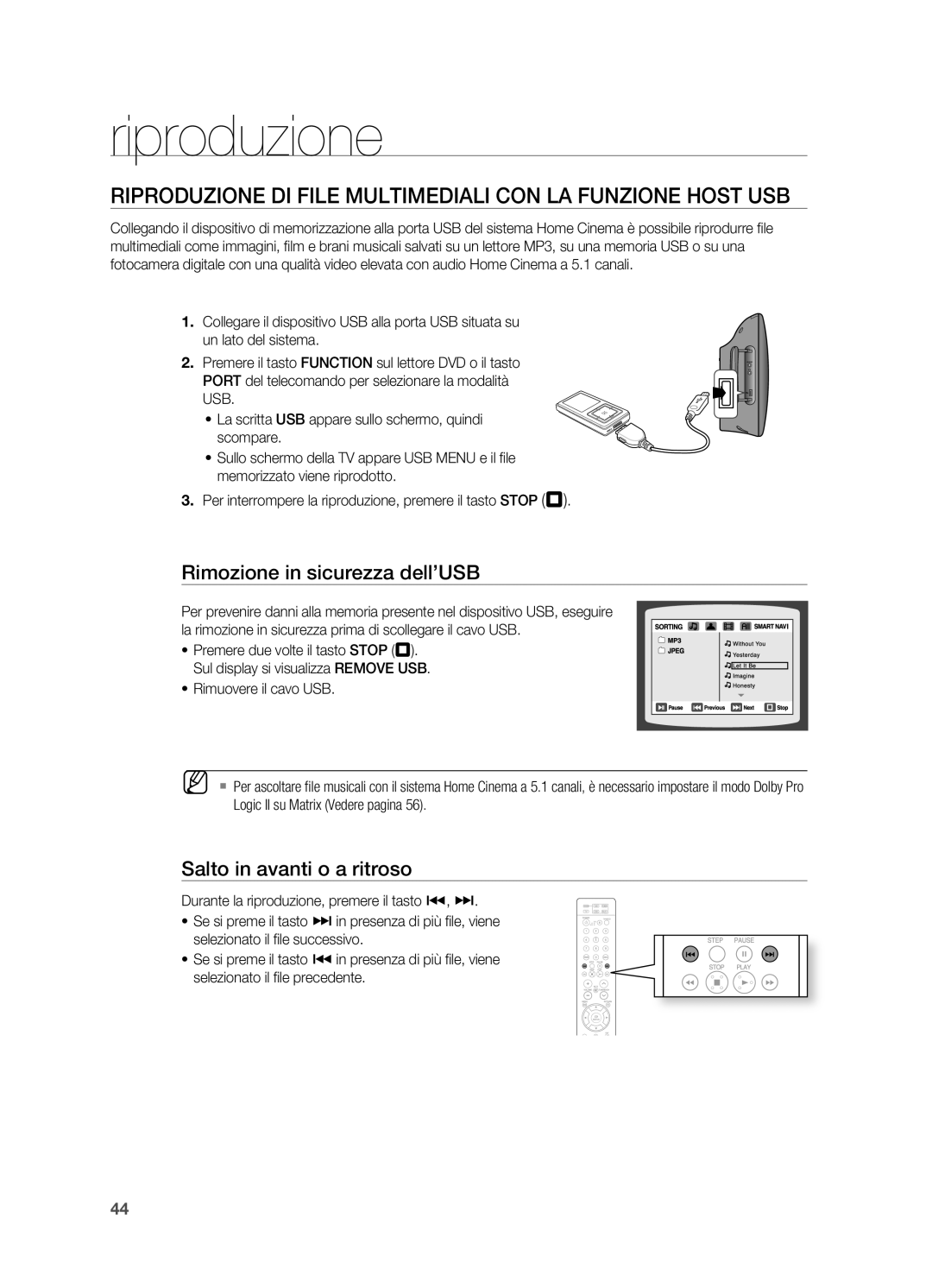 Samsung HT-X715T/EDC RIPRODUzIONE DI File Multimediali CON LA FUNzIONE Host USB, Rimozione in sicurezza dell’USB, Usb 