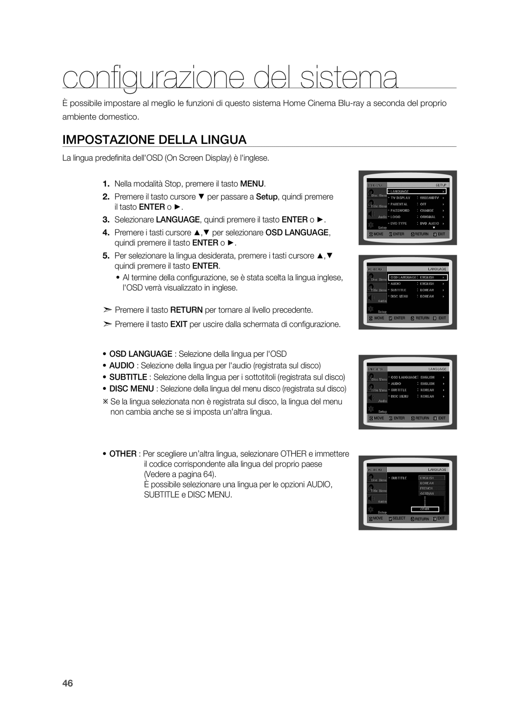 Samsung HT-X715T/EDC manual Configurazione del sistema, Impostazione della lingua 