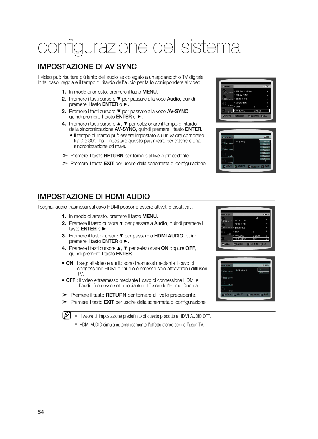 Samsung HT-X715T/EDC manual Impostazione di AV Sync, Impostazione di Hdmi Audio 