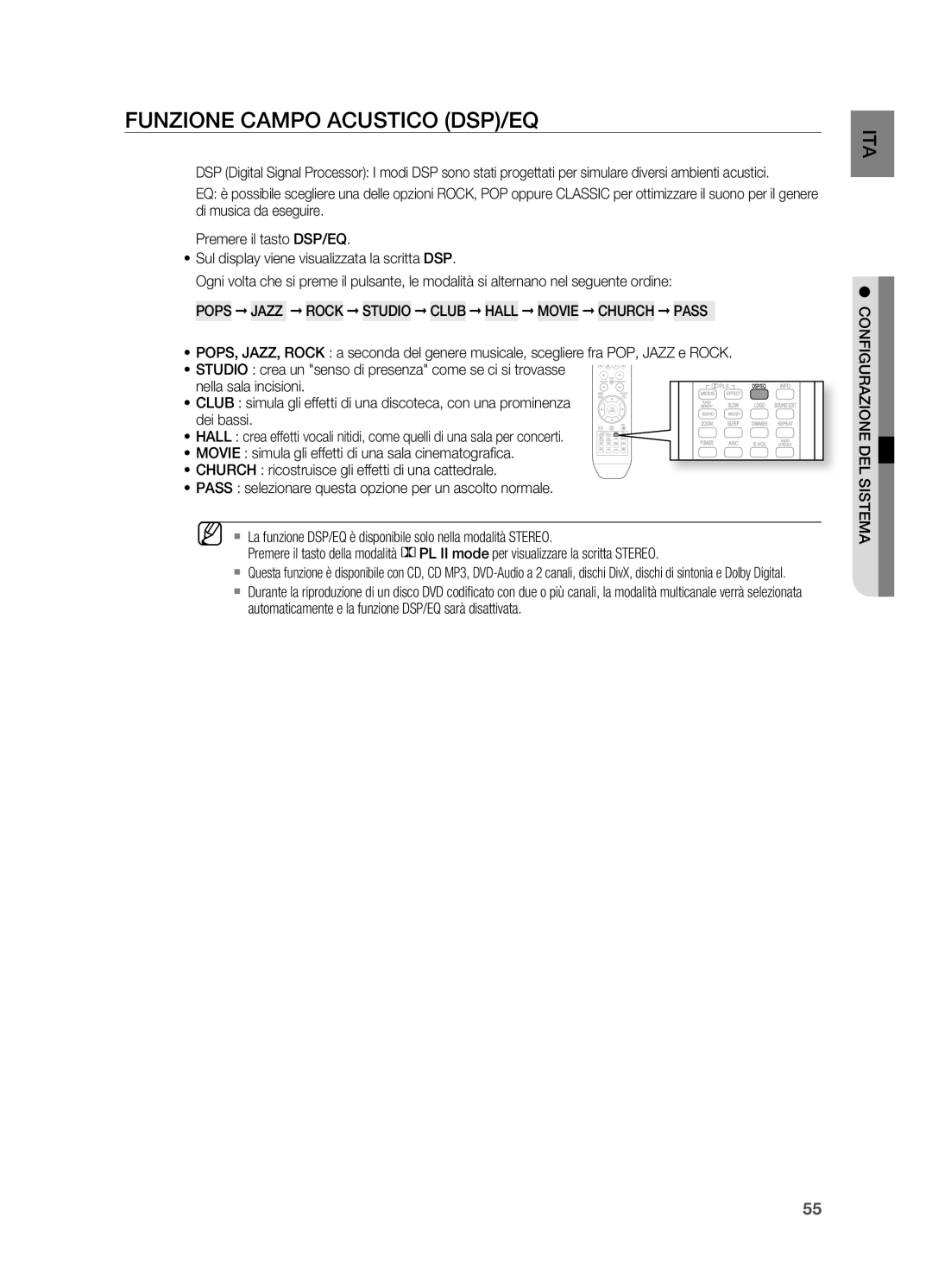 Samsung HT-X715T/EDC manual FUNzIONE Campo Acustico DSP/EQ 