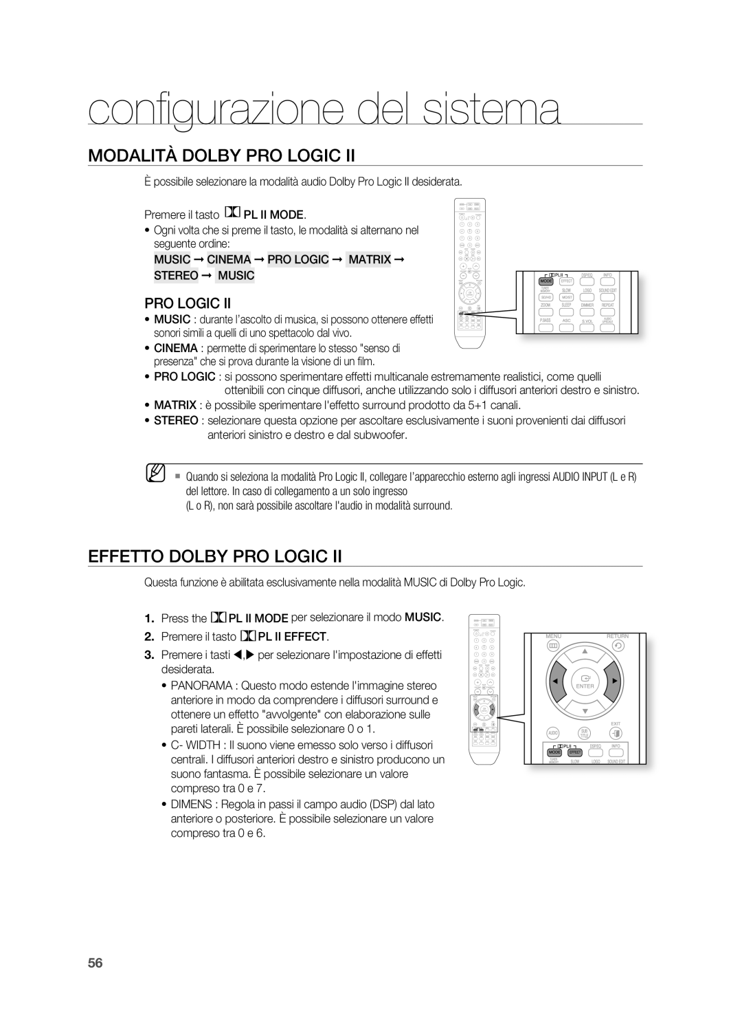 Samsung HT-X715T/EDC manual Confi gurazione del sistema, MODALITà Dolby PRO Logic, Effetto Dolby PRO Logic 