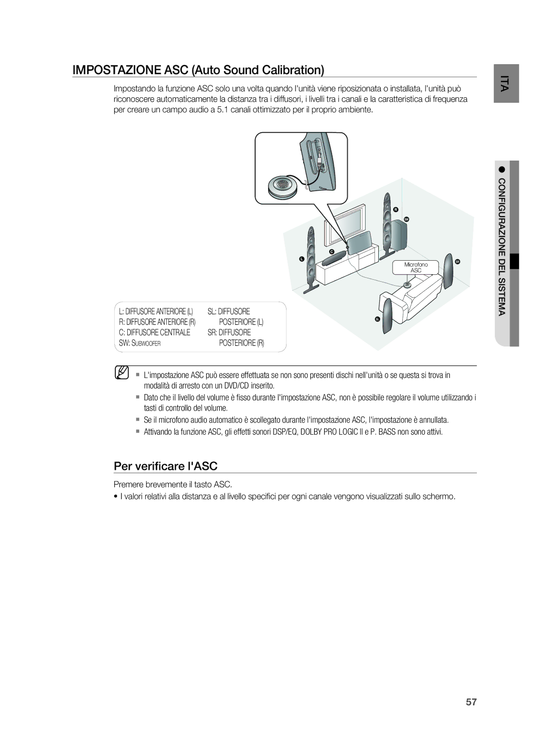 Samsung HT-X715T/EDC manual IMPOSTAzIONE ASC Auto Sound Calibration, Per verificare lASC, Premere brevemente il tasto ASC 