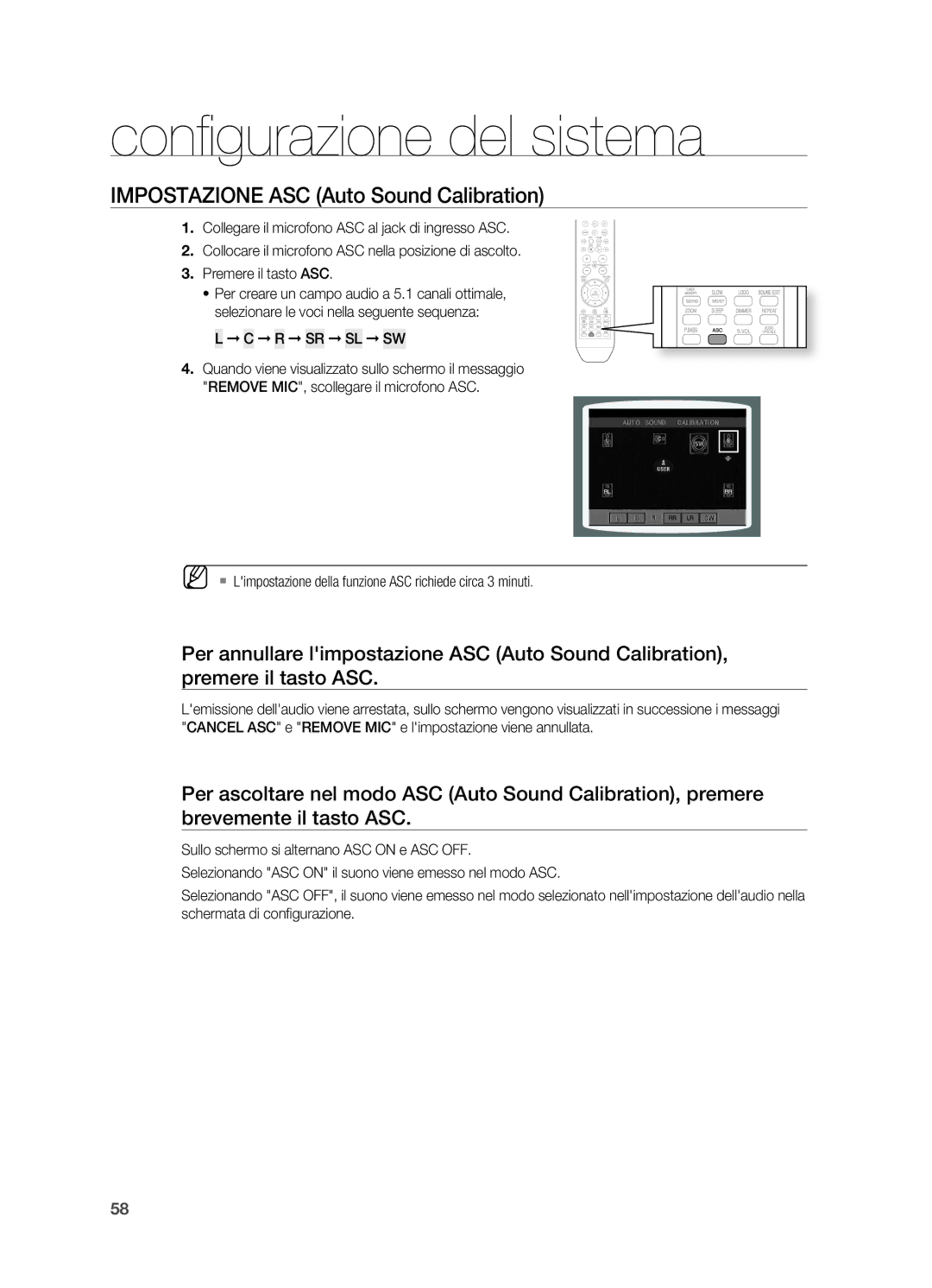 Samsung HT-X715T/EDC manual R Sr Sl Sw, ` Limpostazione della funzione ASC richiede circa 3 minuti 