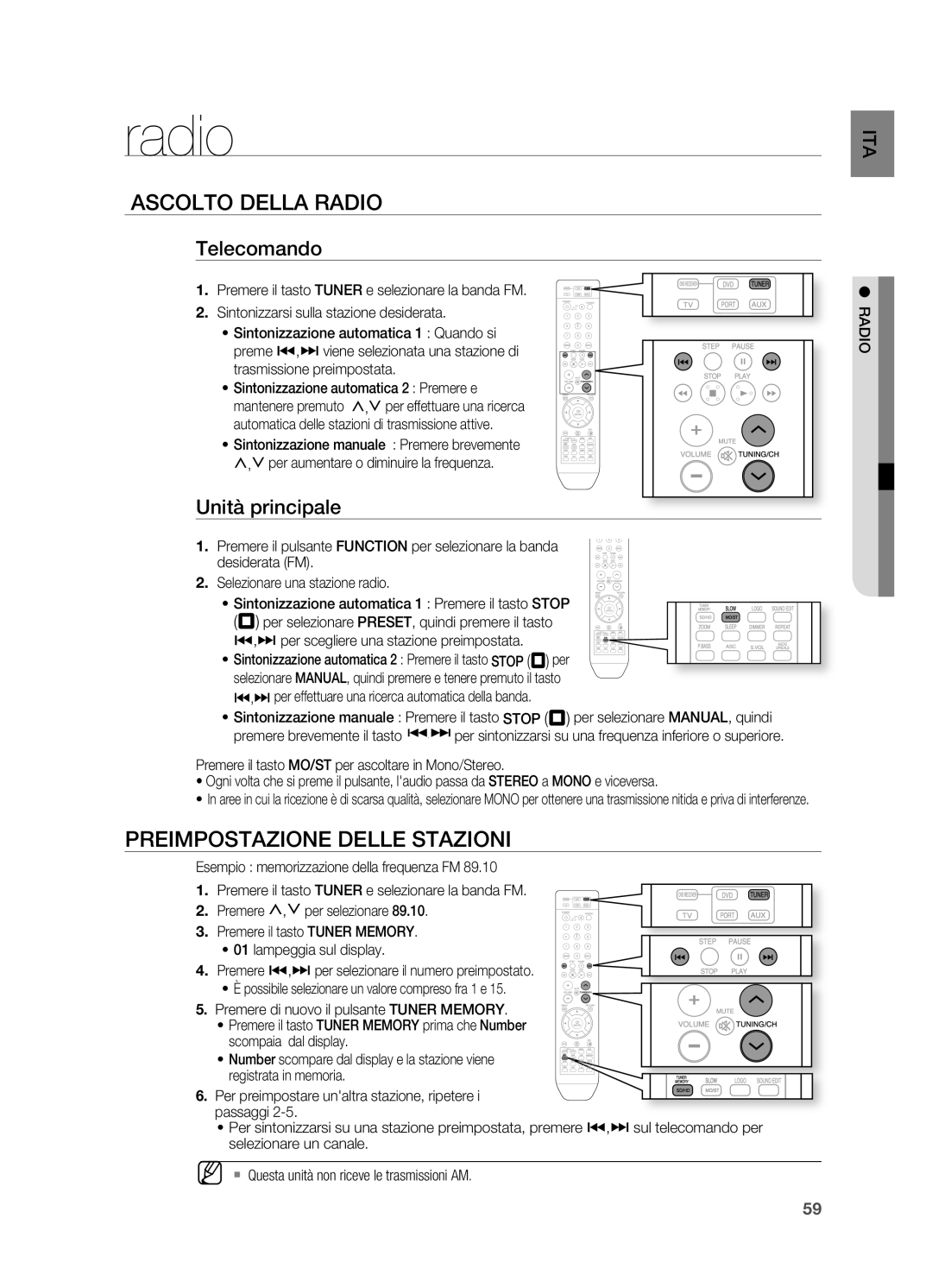 Samsung HT-X715T/EDC manual Ascolto Della Radio, PREIMPOSTAzIONE Delle STAzIONI, Telecomando, Unità principale 