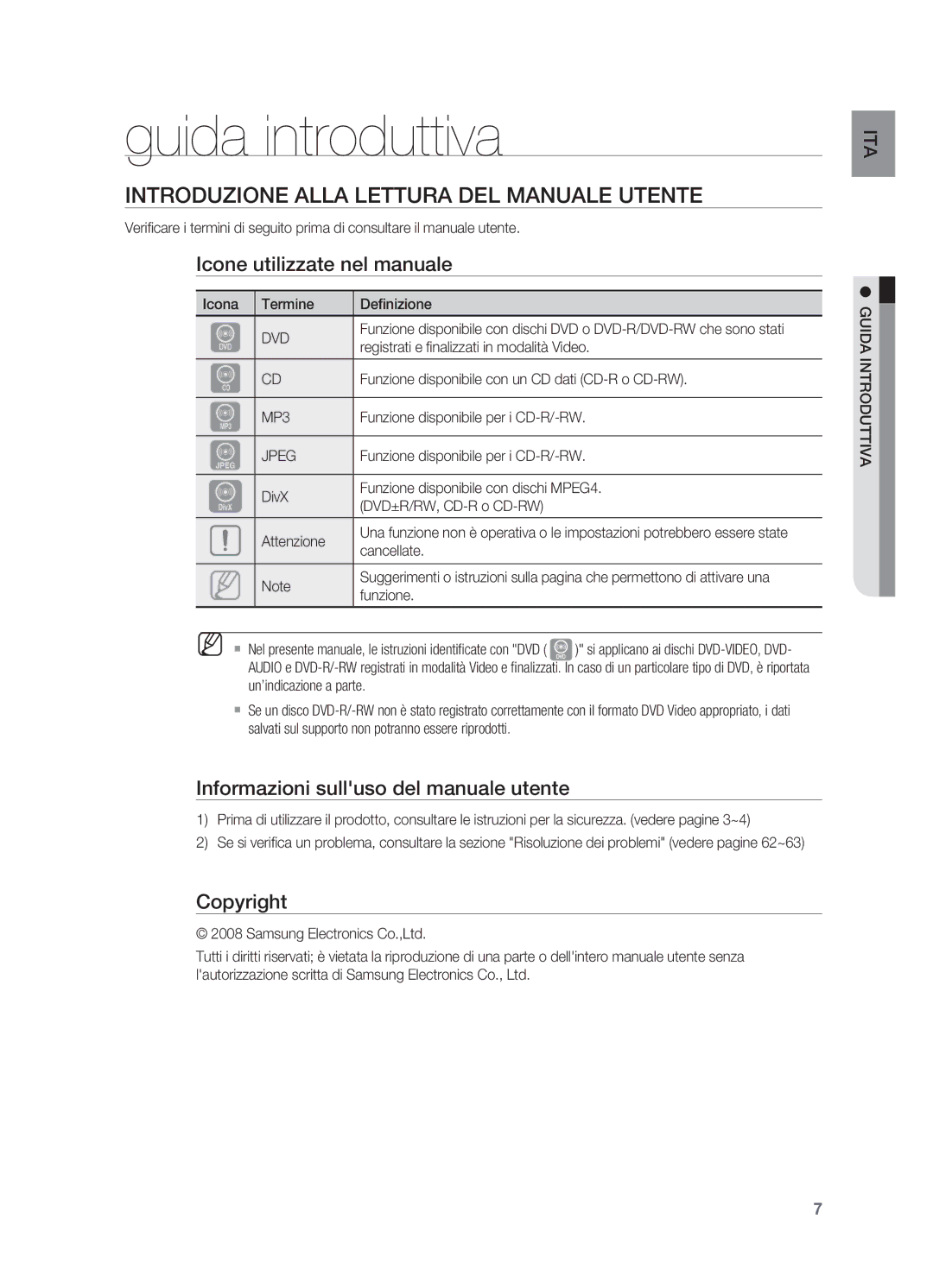 Samsung HT-X715T/EDC Guida introduttiva, Introduzione alla lettura del Manuale Utente, Icone utilizzate nel manuale 