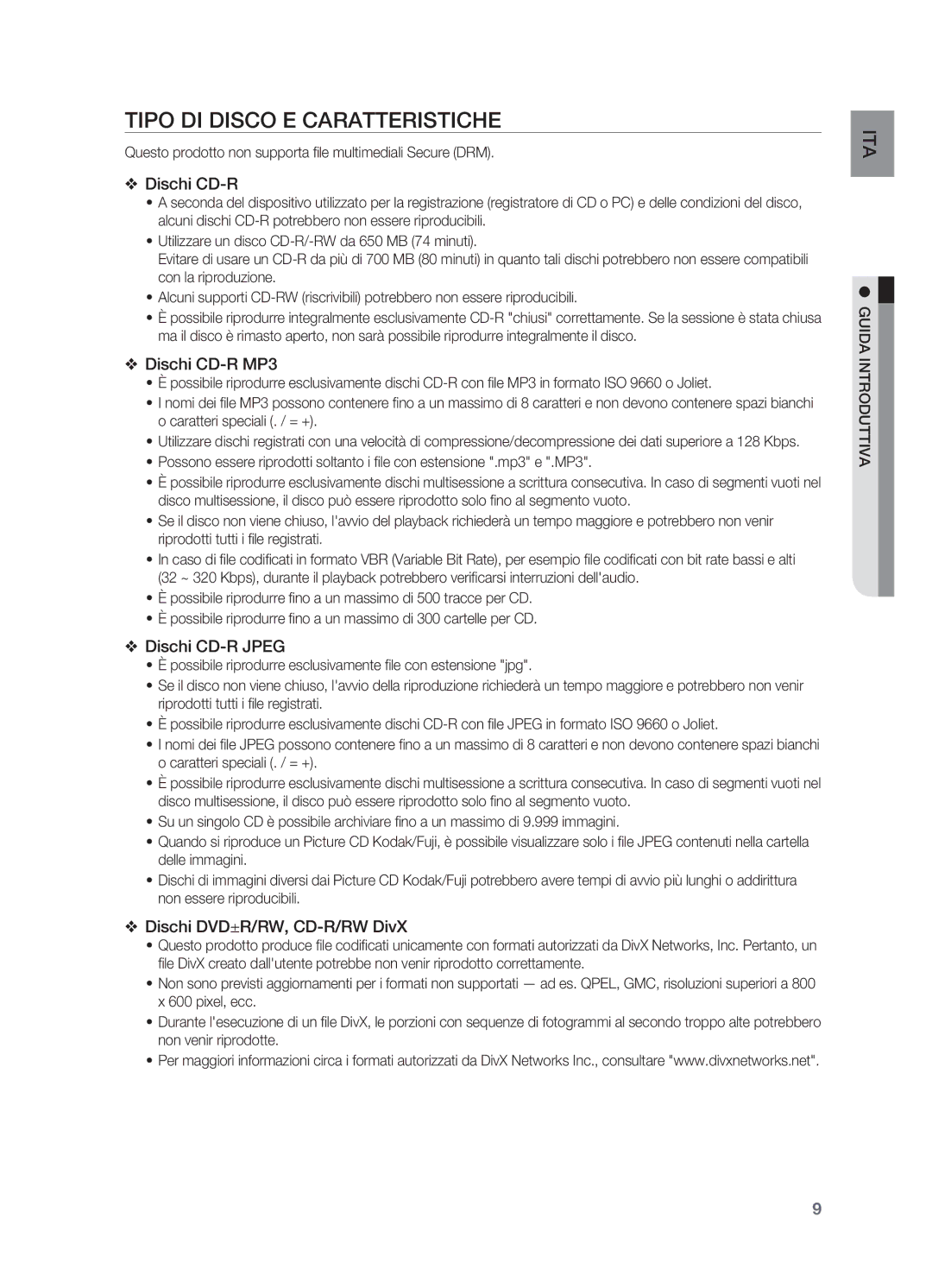 Samsung HT-X715T/EDC manual Tipo DI Disco E Caratteristiche, Questo prodotto non supporta file multimediali Secure DRM 