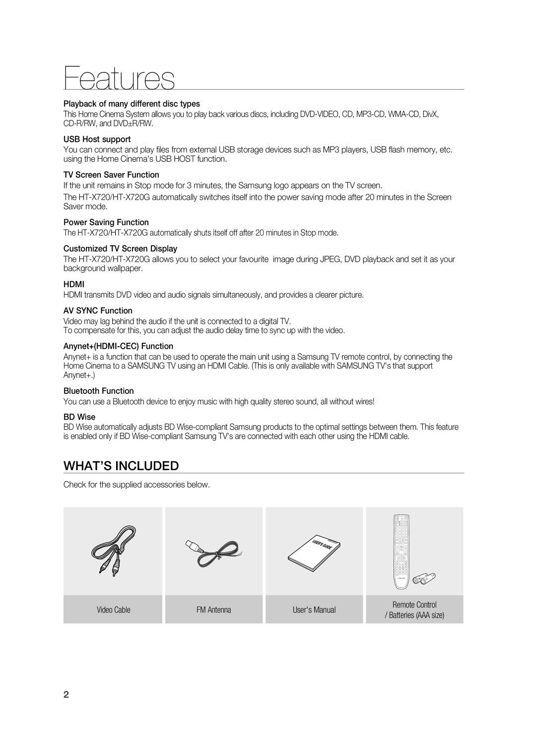 Samsung HT-X720GT/XEF, HT-X720GT/EDC, HT-X720GT/XEU, HT-X720T/XEF, HT-X720T/XET, HT-X720T/XSV manual Features, What’s included 