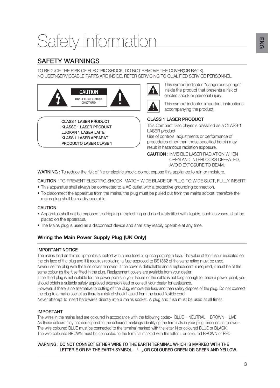 Samsung HT-X720T/XEF, HT-X720GT/EDC manual Safety information, Safety Warnings, This symbol indicates dangerous voltage 