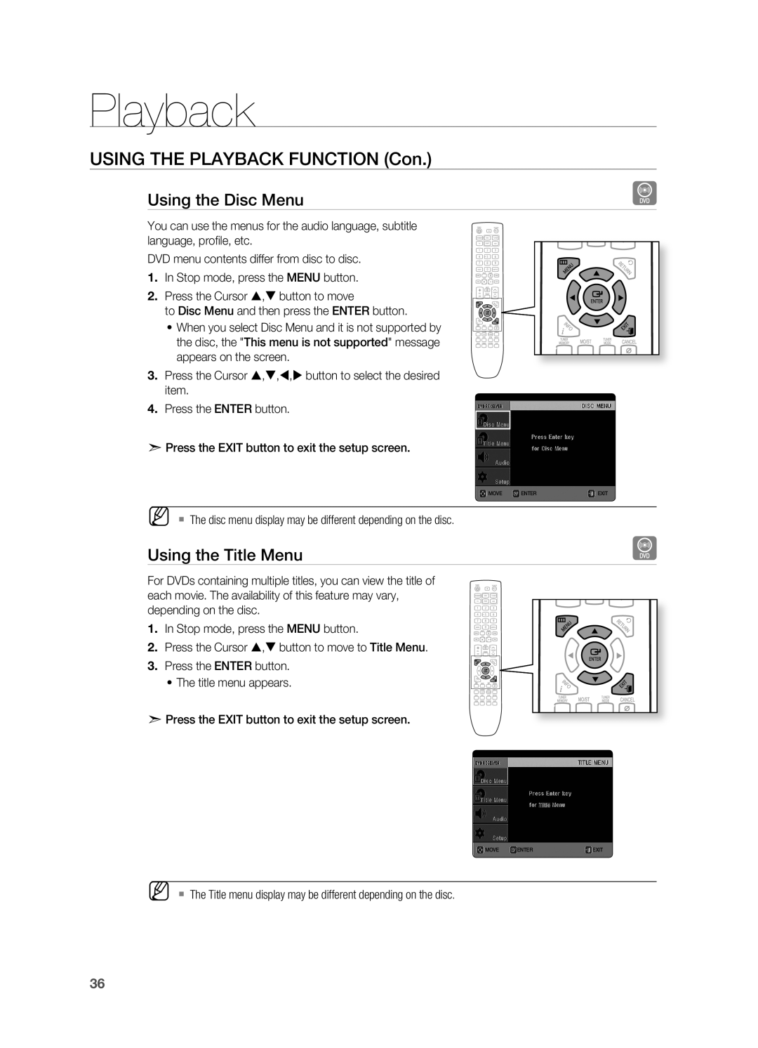 Samsung HT-X720GT/EDC, HT-X720GT/XEU, HT-X720GT/XEF, HT-X720T/XEF, HT-X720T/XET Using the Disc Menu, Using the Title Menu 