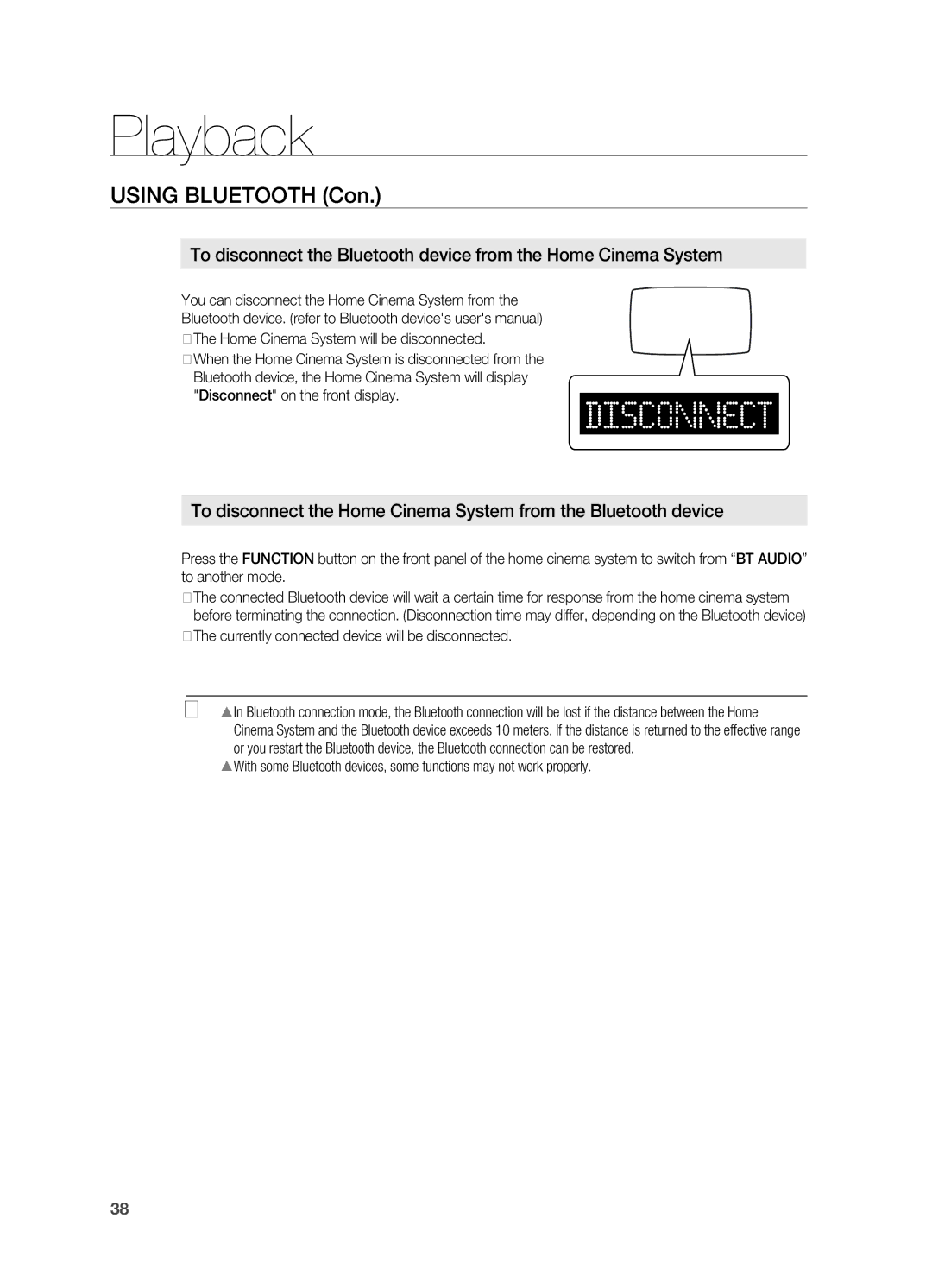 Samsung HT-X720GT/XEF, HT-X720GT/EDC, HT-X720GT/XEU, HT-X720T/XEF manual Using Bluetooth Con, Disconnect on the front display 