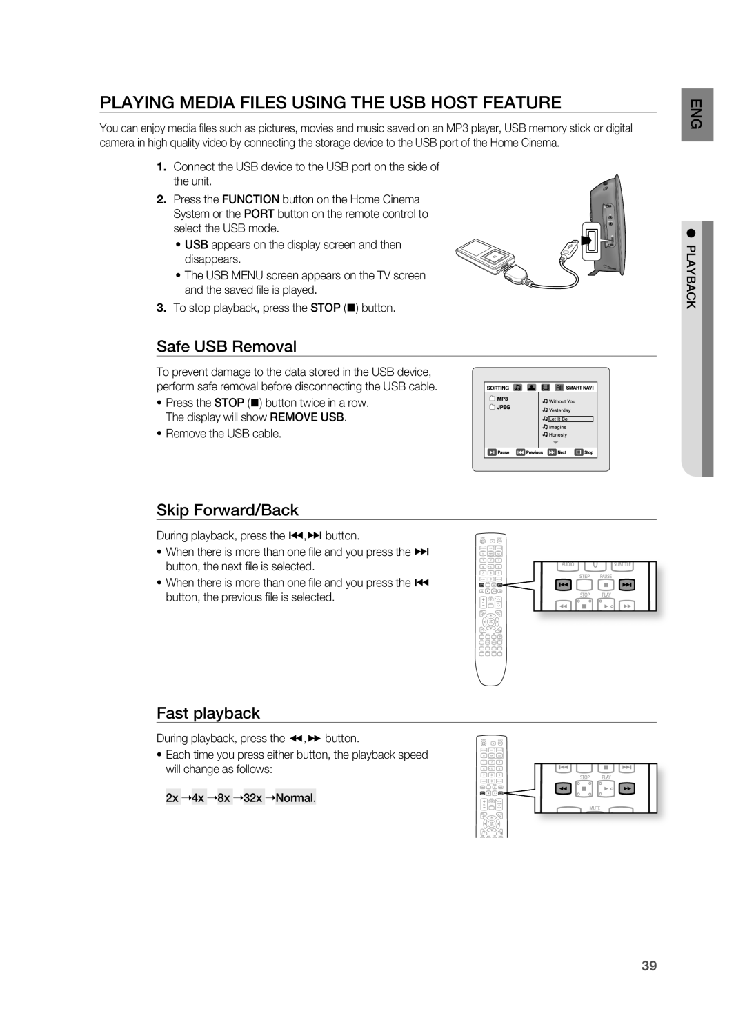 Samsung HT-X720T/XEF manual PlAYING Media FIlES Using the USB Host FEATUrE, Safe USB removal, ~ Remove the USB cable 