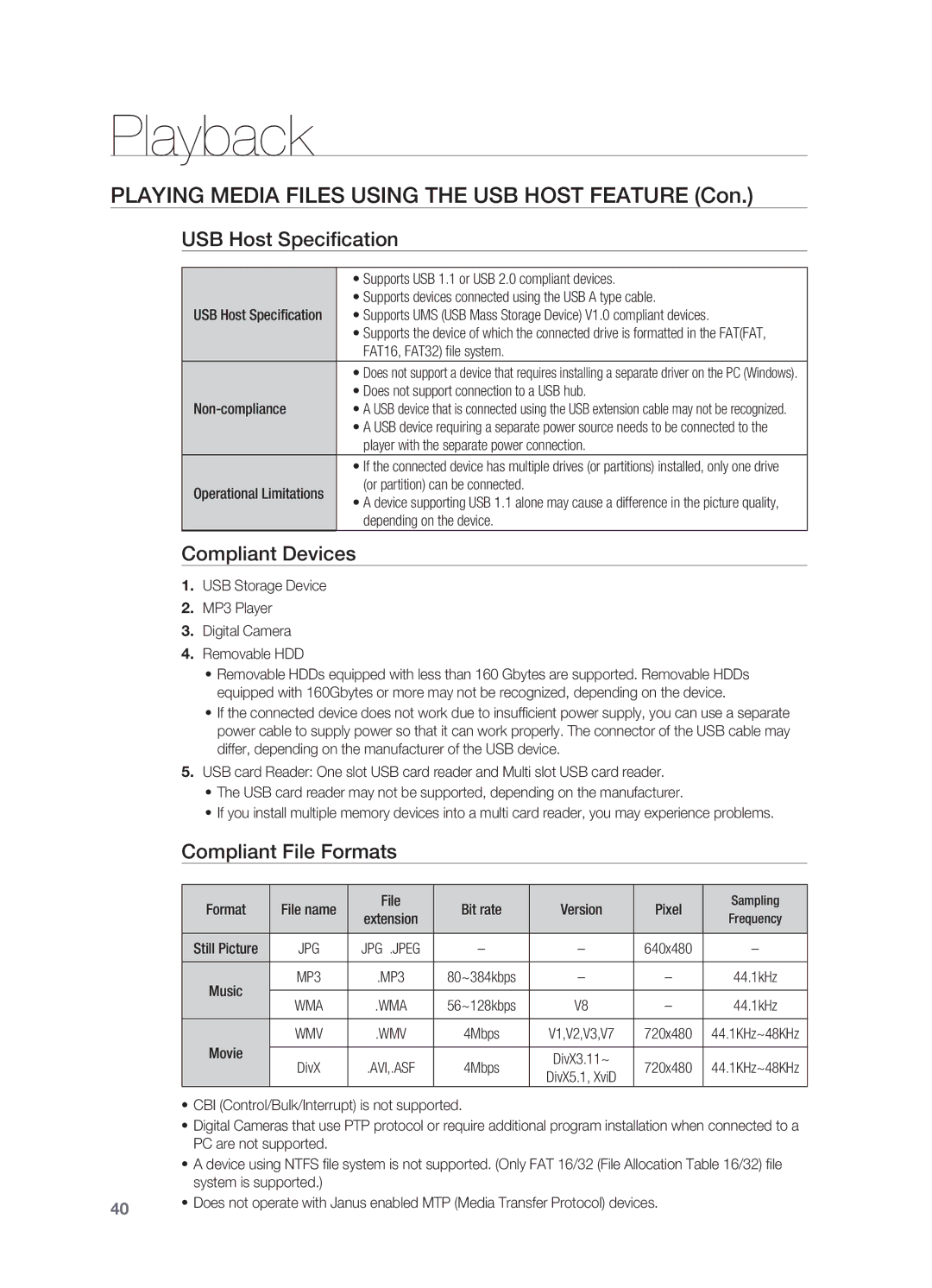 Samsung HT-X720T/XET manual Playing Media Files using the USB Host Feature Con, USB Host Specification, Compliant Devices 