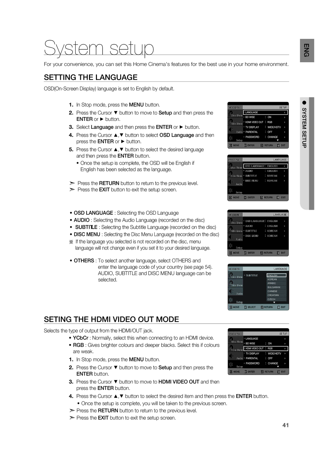 Samsung HT-X720T/XSV, HT-X720GT/EDC, HT-X720GT/XEU manual System setup, Setting the Language, Seting the Hdmi Video OUT Mode 