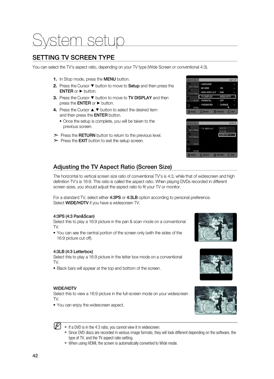 Samsung HT-X720T/EDC, HT-X720GT/EDC, HT-X720GT/XEU manual Setting TV Screen Type, Adjusting the TV Aspect Ratio Screen Size 