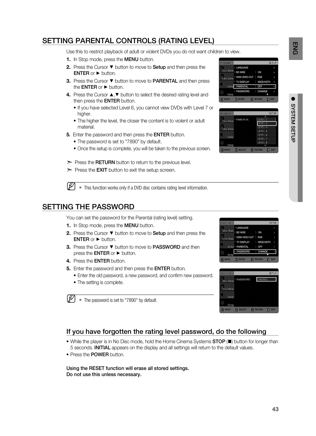 Samsung HT-X720T/XEE, HT-X720GT/EDC manual Setting Parental Controls Rating Level, Setting the Password, System setup 