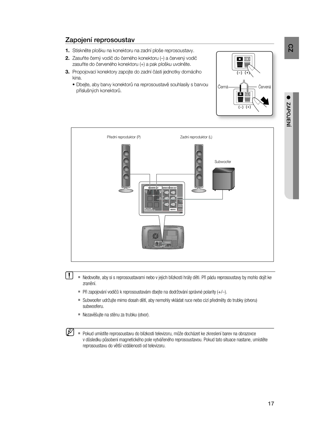 Samsung HT-X720T/EDC, HT-X720GT/EDC manual Zapojení reprosoustav, Stiskněte plošku na konektoru na zadní ploše reprosoustavy 