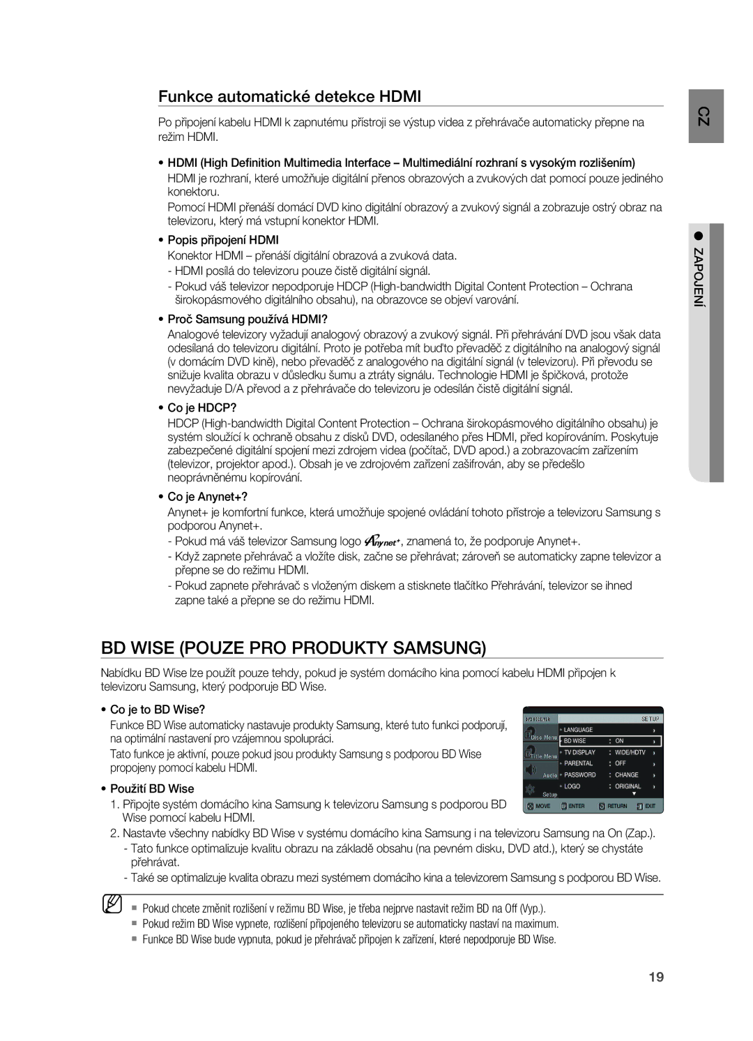 Samsung HT-X720T/EDC manual BD Wise pouze pro produkty Samsung, Funkce automatické detekce Hdmi, Wise pomocí kabelu Hdmi 